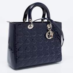 Pre Owned Dior Navy Blue Cannage Patent Leather Large Lady Dior Tote