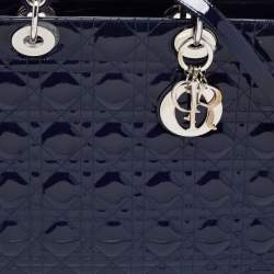Pre Owned Dior Navy Blue Cannage Patent Leather Large Lady Dior Tote