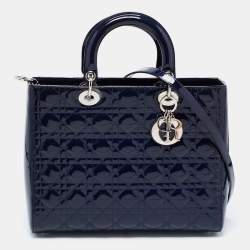 Pre Owned Dior Navy Blue Cannage Patent Leather Large Lady Dior Tote