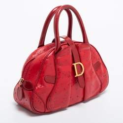 Pre Owned Dior Red Textured Leather Double Saddle Bowler Bag