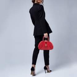 Pre Owned Dior Red Textured Leather Double Saddle Bowler Bag