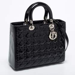 Pre Owned Dior Black Cannage Patent Leather Large Lady Dior Tote