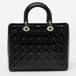 Pre Owned Dior Black Cannage Patent Leather Large Lady Dior Tote