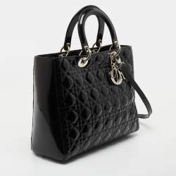 Pre Owned Dior Black Cannage Patent Leather Large Lady Dior Tote