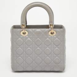 Pre Owned Dior Grey Cannage Leather Medium Lady Dior Tote