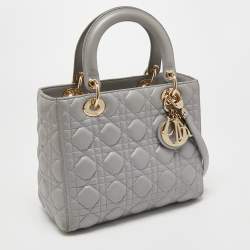 Pre Owned Dior Grey Cannage Leather Medium Lady Dior Tote