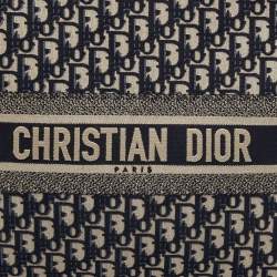 Pre Owned Dior Navy Blue Oblique Embroidery Canvas Book Tote