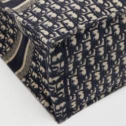 Pre Owned Dior Navy Blue Oblique Embroidery Canvas Book Tote