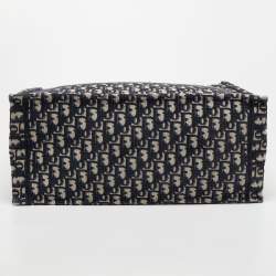 Pre Owned Dior Navy Blue Oblique Embroidery Canvas Book Tote