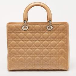 Pre Owned Dior Beige Cannage Patent Leather Large Lady Dior Tote