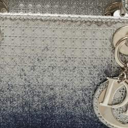 Pre Owned Dior Silver/Blue Ombre Micro Cannage Patent Leather Medium Lady Dior Tote