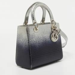 Pre Owned Dior Silver/Blue Ombre Micro Cannage Patent Leather Medium Lady Dior Tote