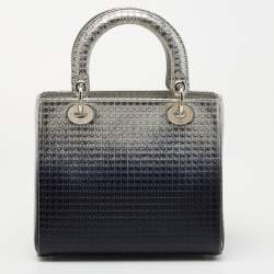 Pre Owned Dior Silver/Blue Ombre Micro Cannage Patent Leather Medium Lady Dior Tote