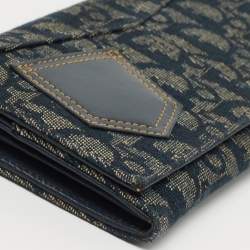Pre Owned Dior Blue Denim Oblique Canvas and Leather Trim Continental Wallet