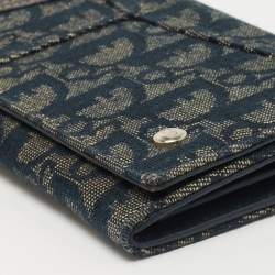 Pre Owned Dior Blue Denim Oblique Canvas and Leather Trim Continental Wallet