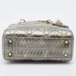 Pre Owned Dior Metallic Grey Python Leather Mini Lady Dior Tote