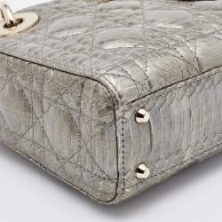 Pre Owned Dior Metallic Grey Python Leather Mini Lady Dior Tote