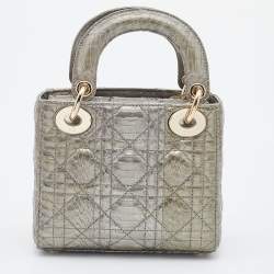 Pre Owned Dior Metallic Grey Python Leather Mini Lady Dior Tote
