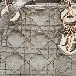 Pre Owned Dior Metallic Grey Python Leather Mini Lady Dior Tote