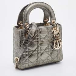 Pre Owned Dior Metallic Grey Python Leather Mini Lady Dior Tote