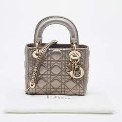 Pre Owned Dior Metallic Grey Cannage Leather Mini Lady Dior Tote
