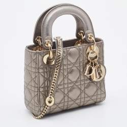Pre Owned Dior Metallic Grey Cannage Leather Mini Lady Dior Tote