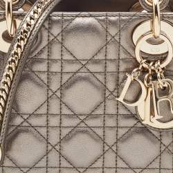 Pre Owned Dior Metallic Grey Cannage Leather Mini Lady Dior Tote
