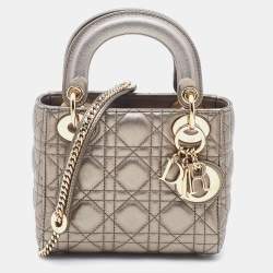 Dior Metallic Grey Cannage Leather Mini Lady Dior Tote