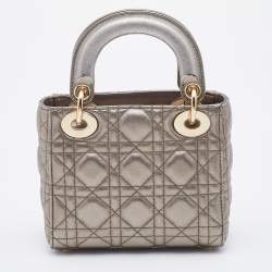 Pre Owned Dior Metallic Grey Cannage Leather Mini Lady Dior Tote