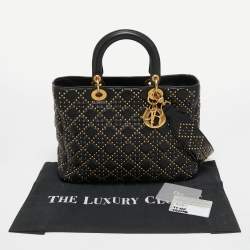 Dior Black Studded Cannage Leather Supple Lady Dior Tote