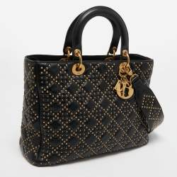 Dior Black Studded Cannage Leather Supple Lady Dior Tote