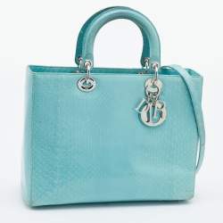 Pre Owned Dior Light Blue Python Leather Large Lady Dior Tote
