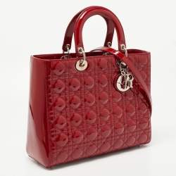 Pre Owned Dior Red Cannage Patent Leather Large Lady Dior Tote