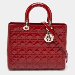 Pre Owned Dior Red Cannage Patent Leather Large Lady Dior Tote