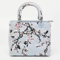 Pre Owned Dior Blue Floral Print Leather Medium Lady Dior Tote