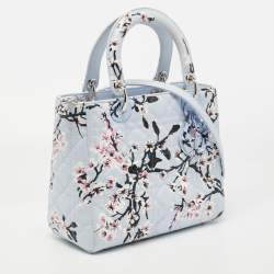 Pre Owned Dior Blue Floral Print Leather Medium Lady Dior Tote