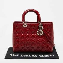 Pre Owned Dior Red Cannage Patent Leather Large Lady Dior Tote
