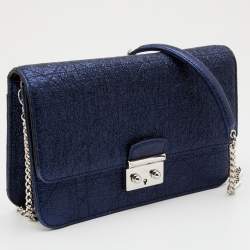 Pre Owned Dior Blue Washed Metallic Leather Miss Dior Promenade Wallet on Chain