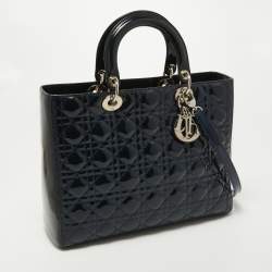 Pre Owned Dior Blue Cannage Patent Leather Large Lady Dior Tote
