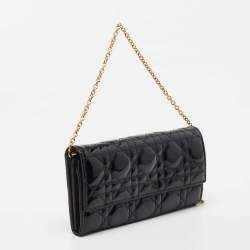 Dior Black Cannage Patent Leather Lady Dior Wallet On Chain