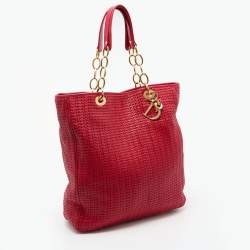 Pre Owned Dior Red Woven Leather Soft Large Shopping Tote
