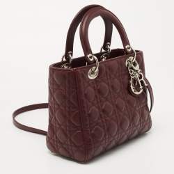 Pre Owned Dior Burgundy Cannage Leather Medium Lady Dior Tote