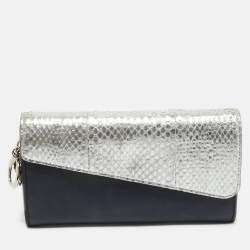 Pre Owned Dior Navy Blue/Silver Leather and Watersnake Charm Flap Continental Wallet
