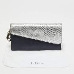 Pre Owned Dior Navy Blue/Silver Leather and Watersnake Charm Flap Continental Wallet