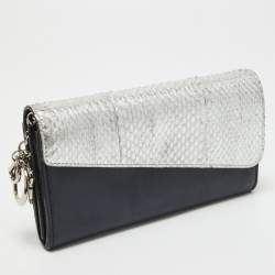 Pre Owned Dior Navy Blue/Silver Leather and Watersnake Charm Flap Continental Wallet