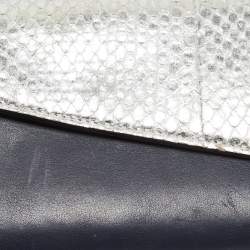 Pre Owned Dior Navy Blue/Silver Leather and Watersnake Charm Flap Continental Wallet
