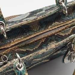 Pre Owned Dior Green/Beige Python and Sequin Medium Lady Dior Tote