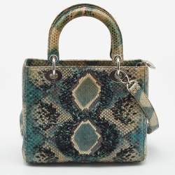 Pre Owned Dior Green/Beige Python and Sequin Medium Lady Dior Tote
