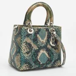 Pre Owned Dior Green/Beige Python and Sequin Medium Lady Dior Tote