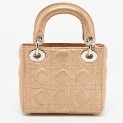 Pre Owned Dior Beige Shimmering Leather Mini Chain Lady Dior Tote